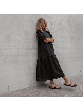 DISSH Bonnie Black Linen Tier Puff Sleeve Midi Dress Size AUS 6 US 2